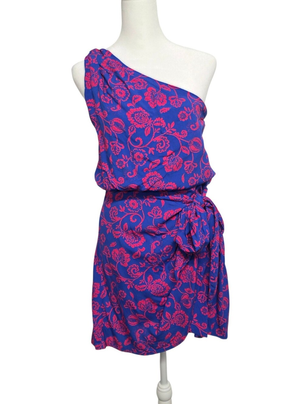 Cupshe Royal Blue & Pink Floral One Shoulder Side Tie Mini Dress Size M